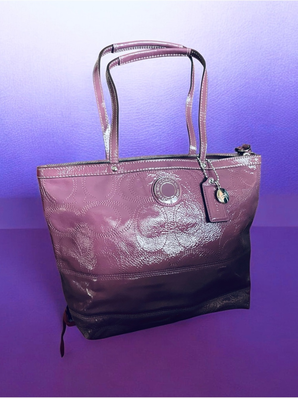 Coach Signature Stripe Stitched Patent Leather Tote (Style F19198) MSRP $328 - Picture 9 of 9